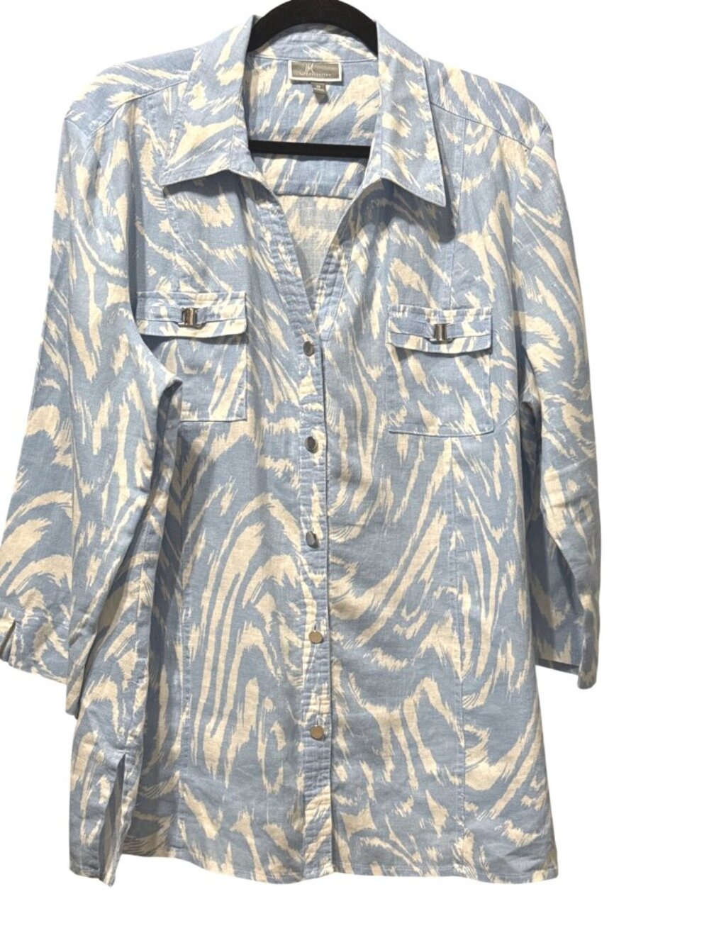 JM Collection Womens Blue/White Linen Button-Up Shirt Size 18 Chic Animal Print